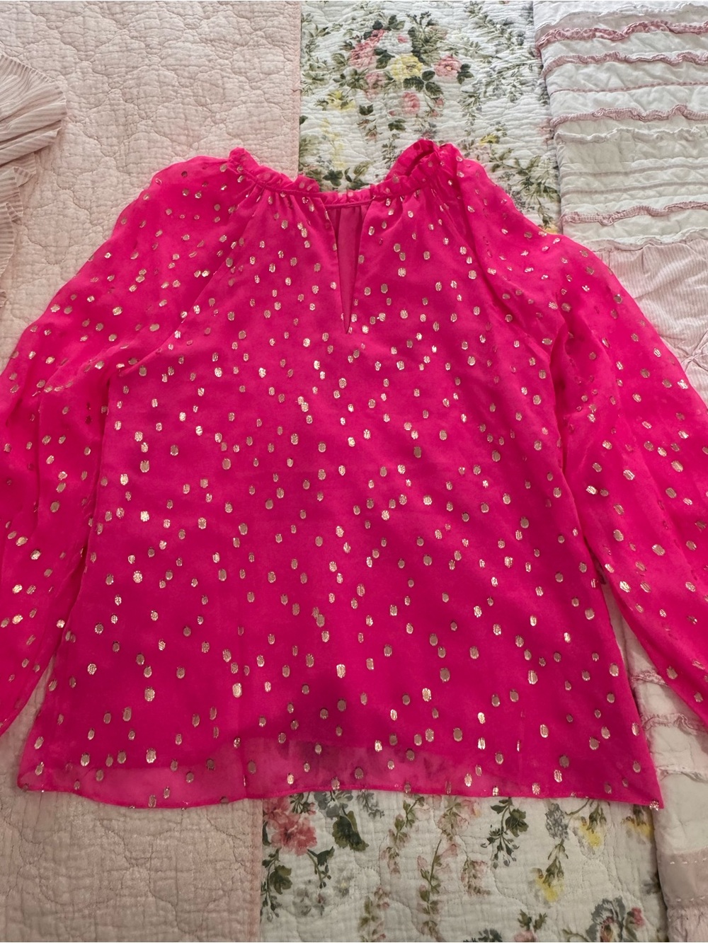 Lilly Pulitzer Hot Pink Metallic Dot Peasant Blouse